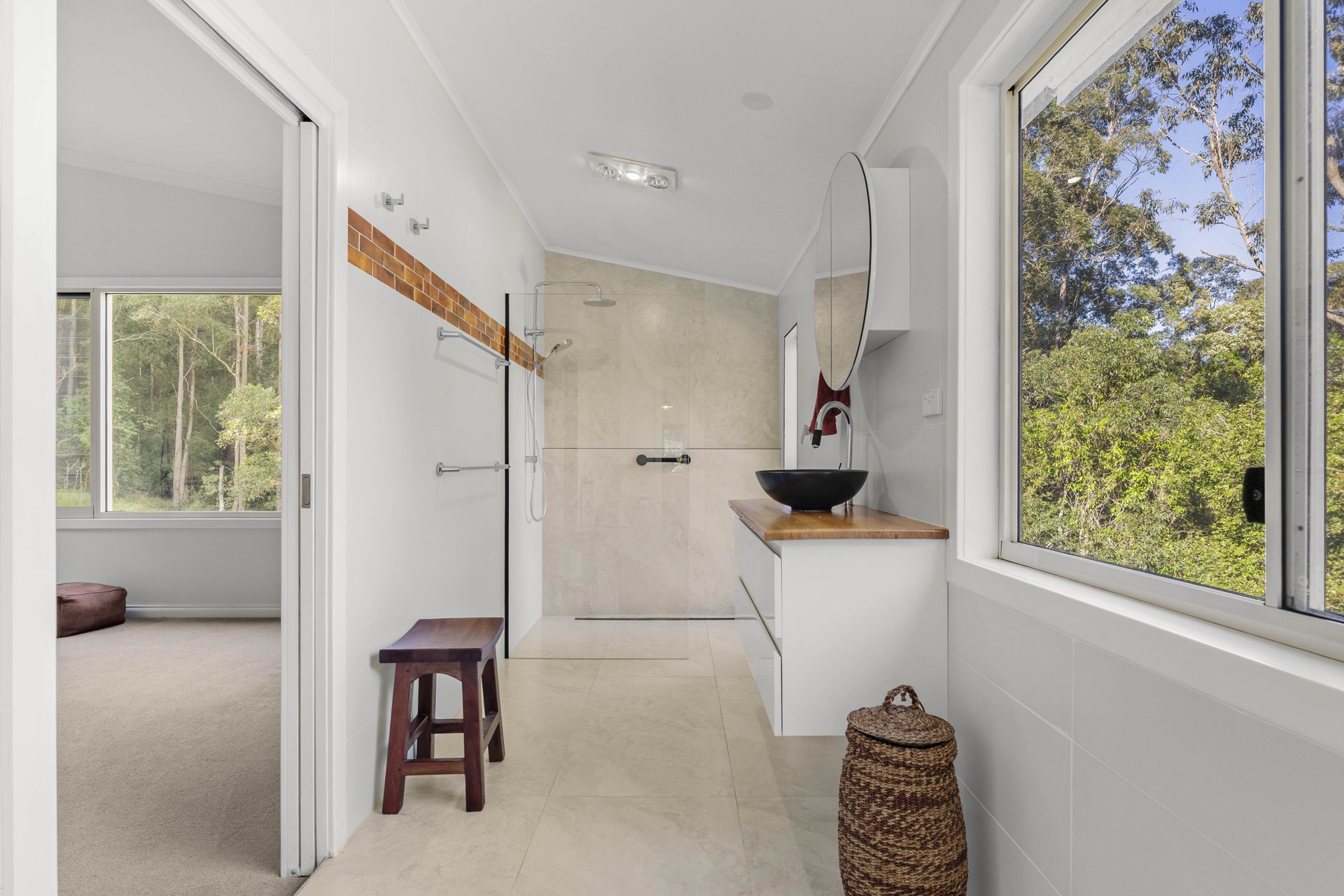 Master suite designer ensuite with rain shower and forest window view, 32 Geerings Road Martinsville